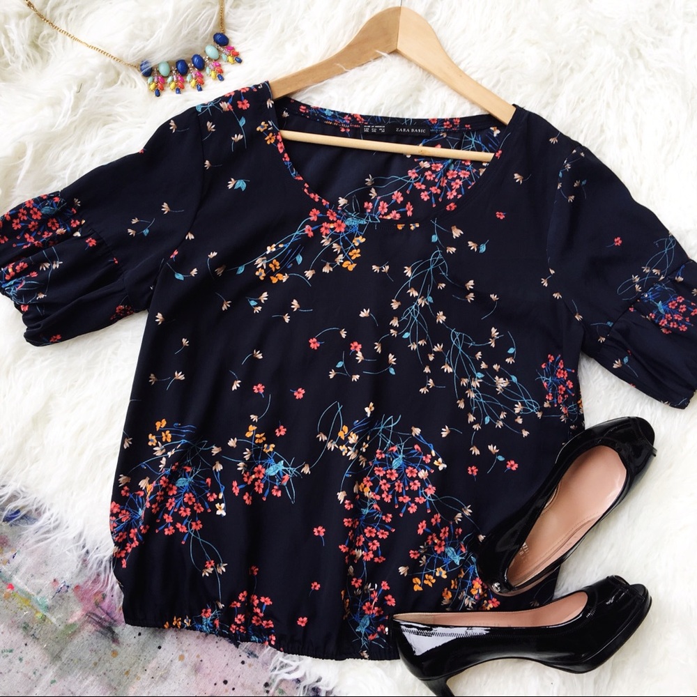 Zara Basic Puff Sleeve Floral Blouse